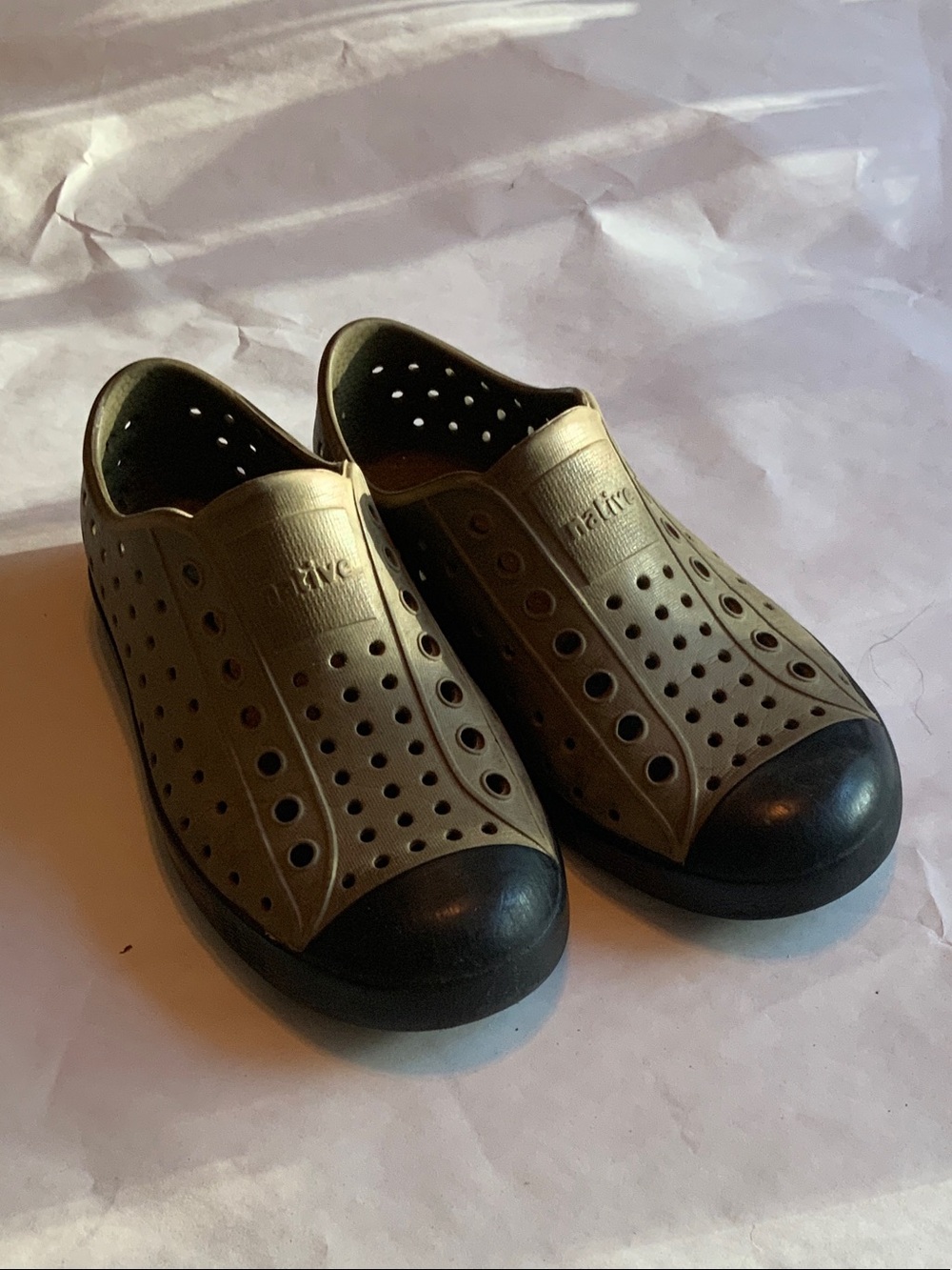Native kids Olive Slip-On Perforated Shoe with Black Toe